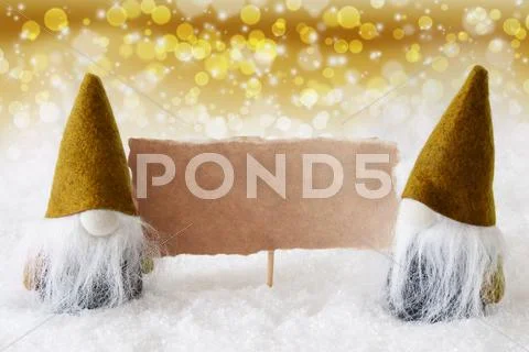 Golden Noble Gnomes With Card, Copy Space Stock Photos