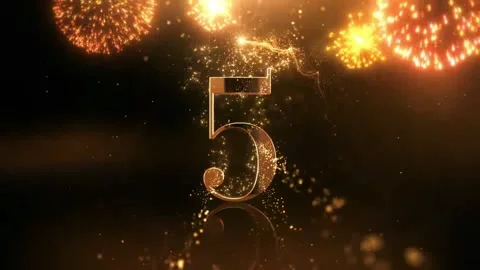 Golden number 5 countdown animation with sparkling particles and fireworks in Stock Footage 337464737
