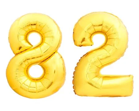 Golden number 82 eighty two made of inflatable balloon Stock Photos