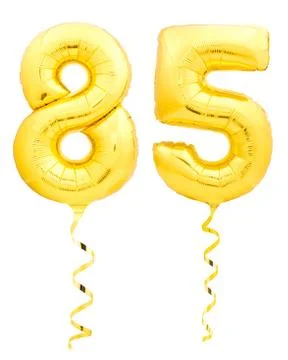 Golden number eighty five 85 made of inflatable balloon with ribbon on white 스톡 사진