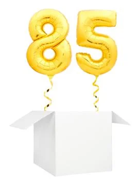 Golden number eighty five inflatable balloon with golden ribbon flying out of Stock Illustration