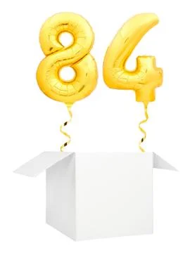 Golden number eighty four inflatable balloon with golden ribbon flying out of Stock Illustration