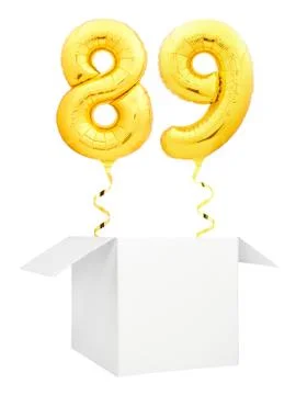 Golden number eighty nine inflatable balloon with golden ribbon flying out of Stock Illustration