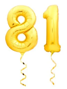Golden number eighty one 81 made of inflatable balloon with ribbon on white Stock Photos