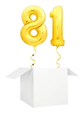 Golden number eighty one inflatable balloon with golden ribbon flying out of Stock Illustration
