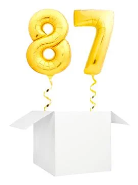 Golden number eighty seven inflatable balloon with golden ribbon flying out of Stock Illustration