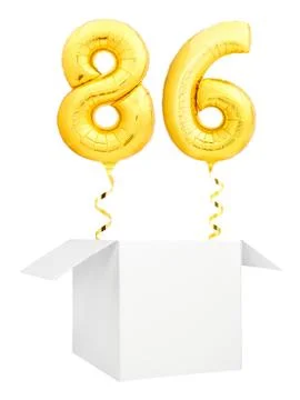 Golden number eighty six inflatable balloon with golden ribbon flying out of Stock Illustration