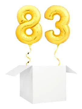 Golden number eighty three inflatable balloon with golden ribbon flying out of Stock Illustration