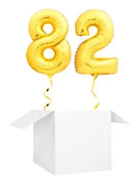 Golden number eighty two inflatable balloon with golden ribbon flying out of Stock Illustration