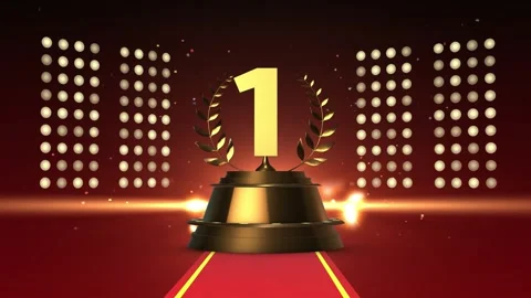 Golden number one trophy rises with confetti and particles. 3D award animation. Stock Footage 308826556
