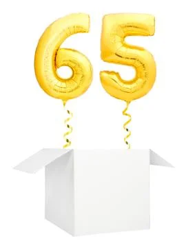 Golden number sixty five inflatable balloon with golden ribbon flying out of Stock Illustration