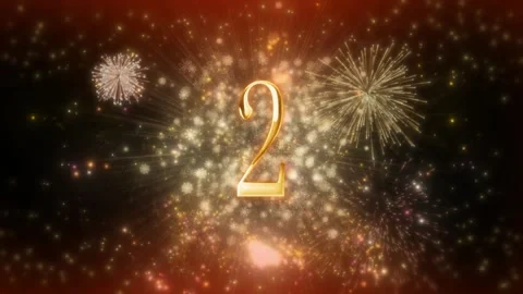 Golden number two with fireworks explosion in dark night celebration background Видео 337527260