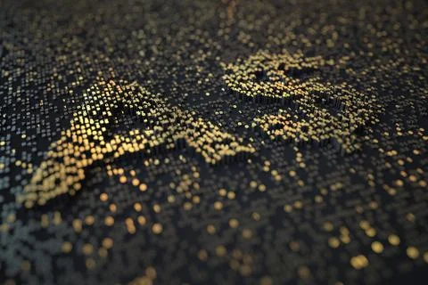 Golden numbers bars compose AUD Australian dollar symbol on black background. 3D 스톡 일러스트