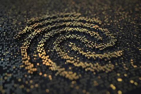 Golden numbers bars compose fingerprint symbol on black background. 3D rendering Stock-Illustration