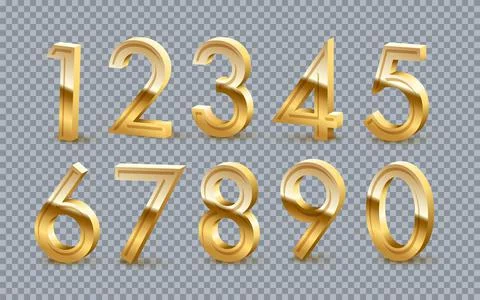 Golden numbers from zero to nine set on transparent background. Gold one, two 스톡 일러스트
