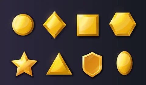 Golden objects set. Gold geometric figures, hexagon, star, square and triangle Stock Illustration