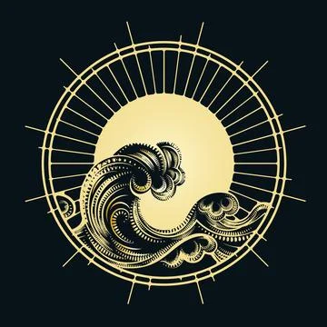 Golden Ocean Wave in Sunlight Circle Backround Emblem Stock Illustration