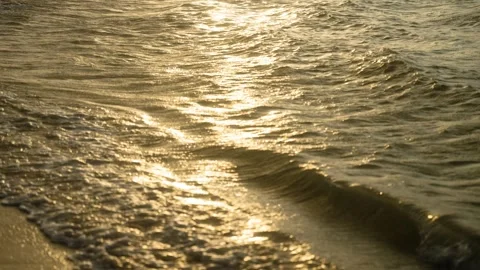 Golden Ocean Waves on Sandy Beach at Sunset or Sunrise Stockbeeldmateriaal 308670050
