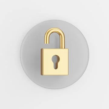 Golden open padlock icon. 3d rendering gray round key button, interface ui ux Stock Illustration