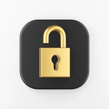 Golden open padlock icon. 3d rendering black square key button, interface u.. Stock Illustration
