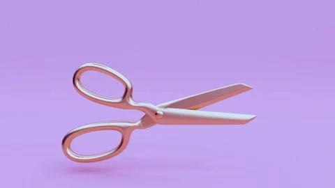 Golden open scissors rotating on soft purple background for creative art. Video stock 343671187