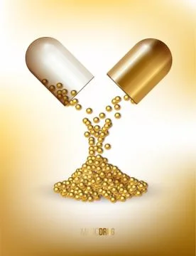 Golden opened capsule pill with falling golden drug isolated on yellow Stock Illustration