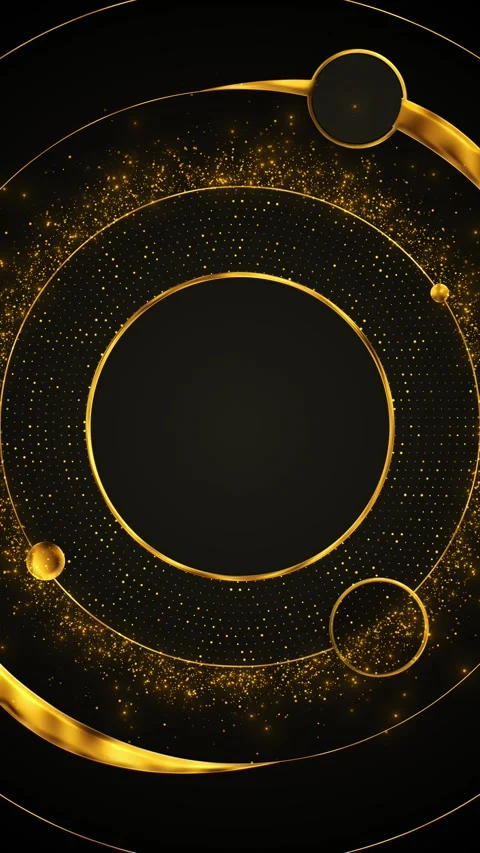 Golden orbit design circular paths, dotted fields, glowing black luxury space Stock Footage 340453082