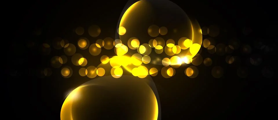 Golden orbs float against dark backdrop. Light sparkles create abstract, Stock Illustration