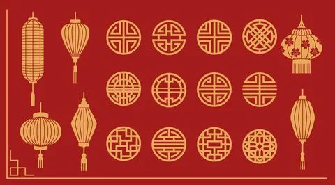 Golden oriental elements on red Stock Illustration