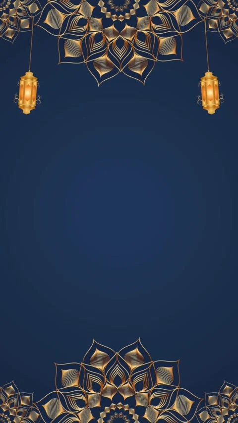 Golden Ornamental Pattern with Hanging Lanterns on Dark Blue Background Stock Footage 302226941
