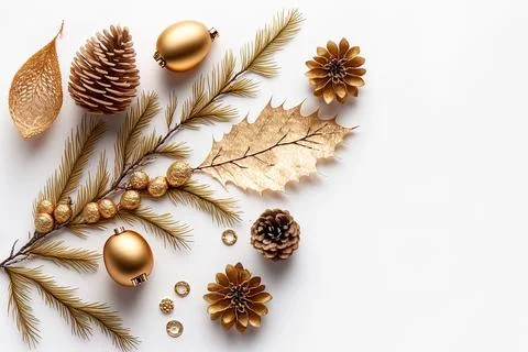 Golden ornaments and a winter fir twig in a flat lay top view of a Christmas Stock Illustration