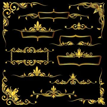 Golden ornate vector frames, borders and corner elements set 스톡 일러스트