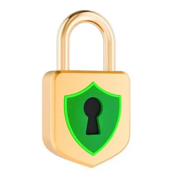 Golden padlock with green shield security. 3D rendering Ilustración de archivo