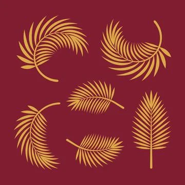 Golden Palm Leaf Set Five Poses on Red Background Stock Illustration