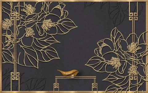 Golden panel on a dark background, frame, contours of abstract flowers Stock Illustration