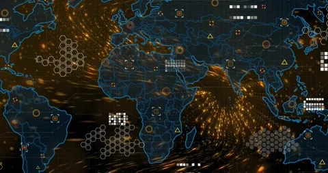 Golden particle burst sparking flat global map driving data flows and warnings Stock Footage 333829893