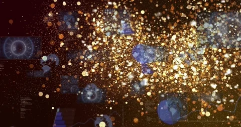 Golden particle cloud growing from center spark, revealing and hiding blue data Stock Footage 330033097