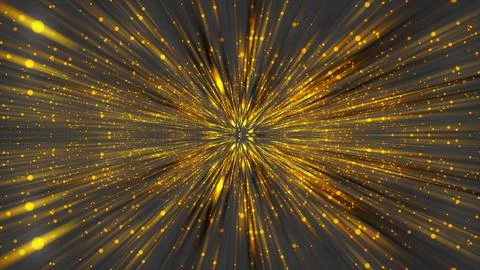 Golden particle explosion with glowing rays on dark background Stock Illustration