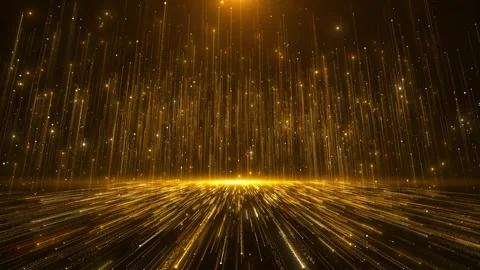 Golden particle rain stage vertical falling lights, glowing circular platform, d Stock Footage 340470403