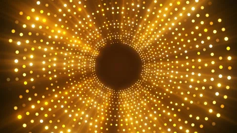 Golden particle ring tunnel background glowing dots, warm radial rays, center, l Stock Footage 340414374
