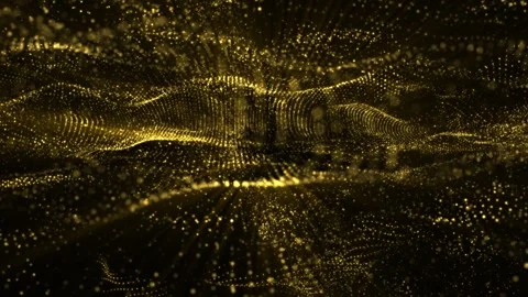 Golden particle waves flow across a dark background, forming a rich abstract Vídeo Stock 332803527