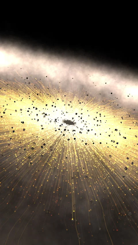 Golden particles and asteroids exploding in space Stock Footage 321678731