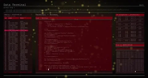 Golden particles drifting, red UI fading, code editor scrolling, user or IP Stock Footage 317155647
