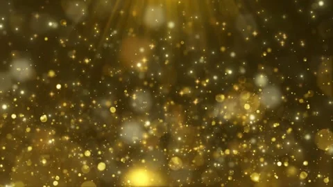 Golden particles floating in dark background with radiant light beams with Video stock 342117615