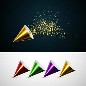 Golden party popper with exploding confetti glitters. 스톡 일러스트