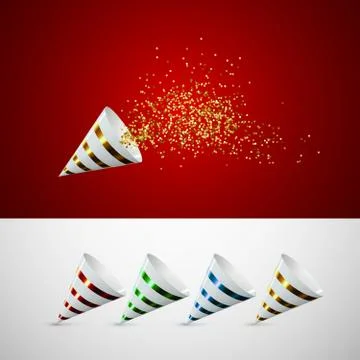 Golden party popper with exploding confetti glitters. Stock Illustration