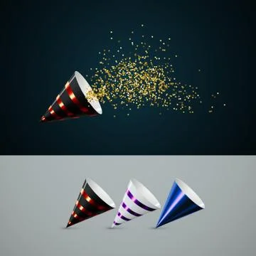 Golden party popper with exploding confetti glitters. Illustrazione stock