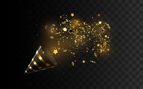 Golden party popper with exploding confetti glitters. Stock Illustration