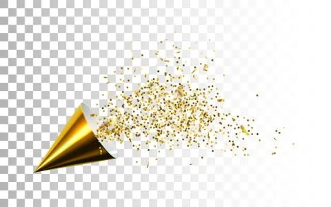 Golden party popper with exploding star confetti glitters. Stock Illustration