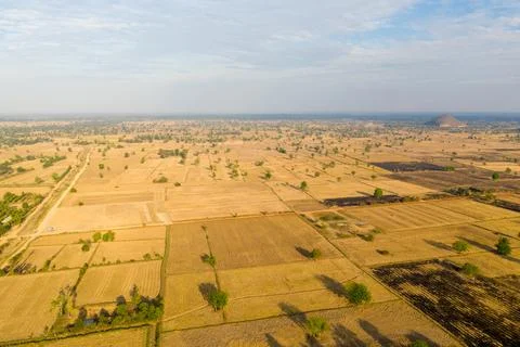 Golden patchwork fields near Phnom Sampov 스톡 사진